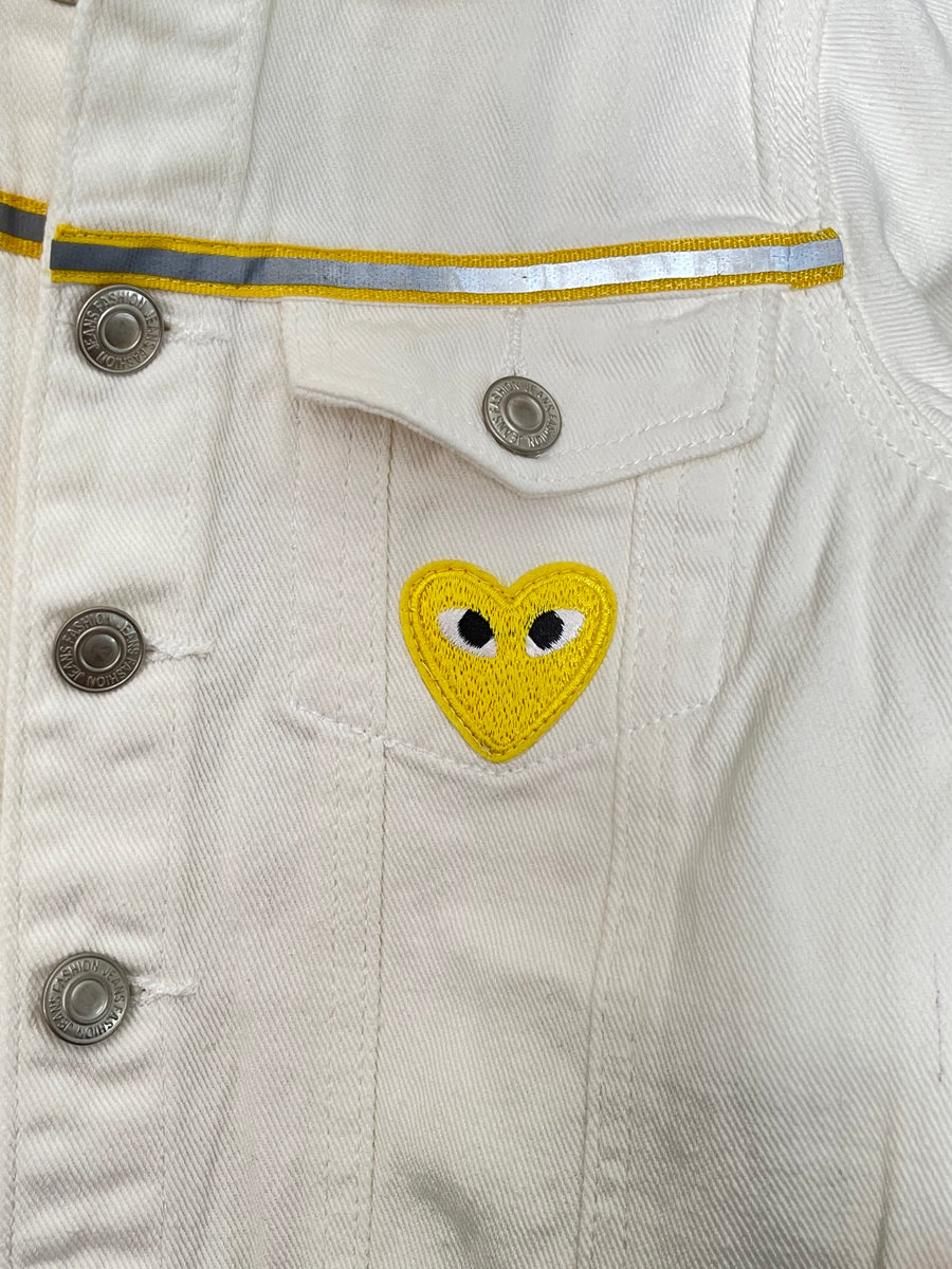 White jean hotsell jacket with patches