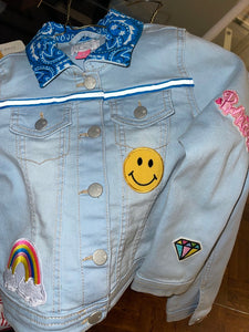 Ice Blue Stretch Denim jacket with Unicorn and Colorful Happy Patches