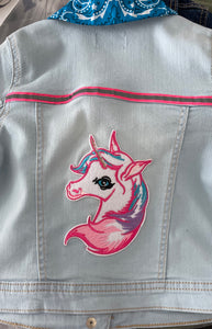 Ice Blue Stretch Denim jacket with Unicorn and Colorful Happy Patches