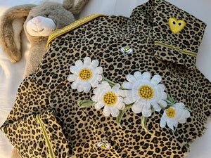 Leopard Print Jean Jacket with a Large Embroidered Daisies Patch on The Back