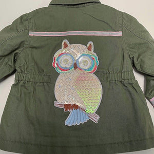 Hoot Hoot! Iridescent Sequin Owl Patched, Military-Inspired, Olive Green Jacket, Size 12MO