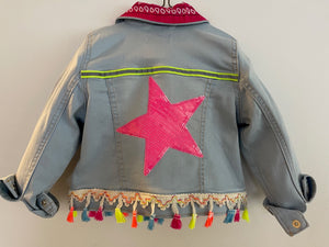 Ice Blue stretch Denim jacket with Neon Pink Star and Multi-Color Tassels