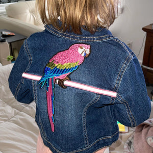 Polly Want a Jacket? One-of-a-Kind, Dark Denim Jacket w/ a Large Colorful Parrot Patch on the Back