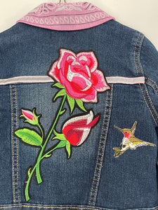 Rose patch with Hummingbird Patch, One-of-a-Kind, Dark Blue Denim Jacket, Size 4T