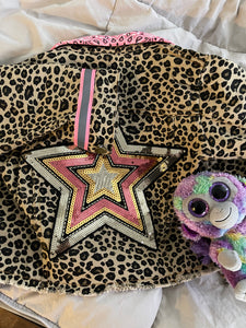 Roar! Leopard Jean Jacket with Brass Snap Closures and a Large Sequin, Multi-Color Star Patch on Back