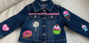 Sweet Tooth Blue Denim Jacket with Colorful Candy and Cake Patches