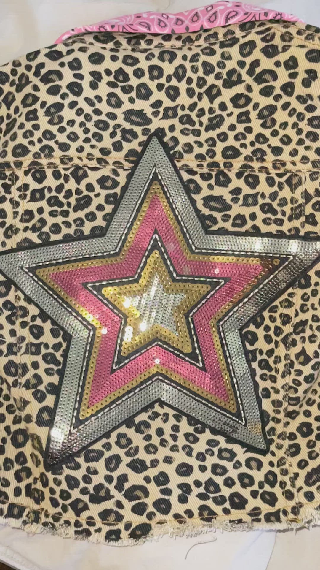 Roar! Leopard Jean Jacket with Brass Snap Closures and a Large Sequin, Multi-Color Star Patch on Back