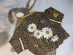 Leopard Print Jean Jacket with a Large Embroidered Daisies Patch on The Back