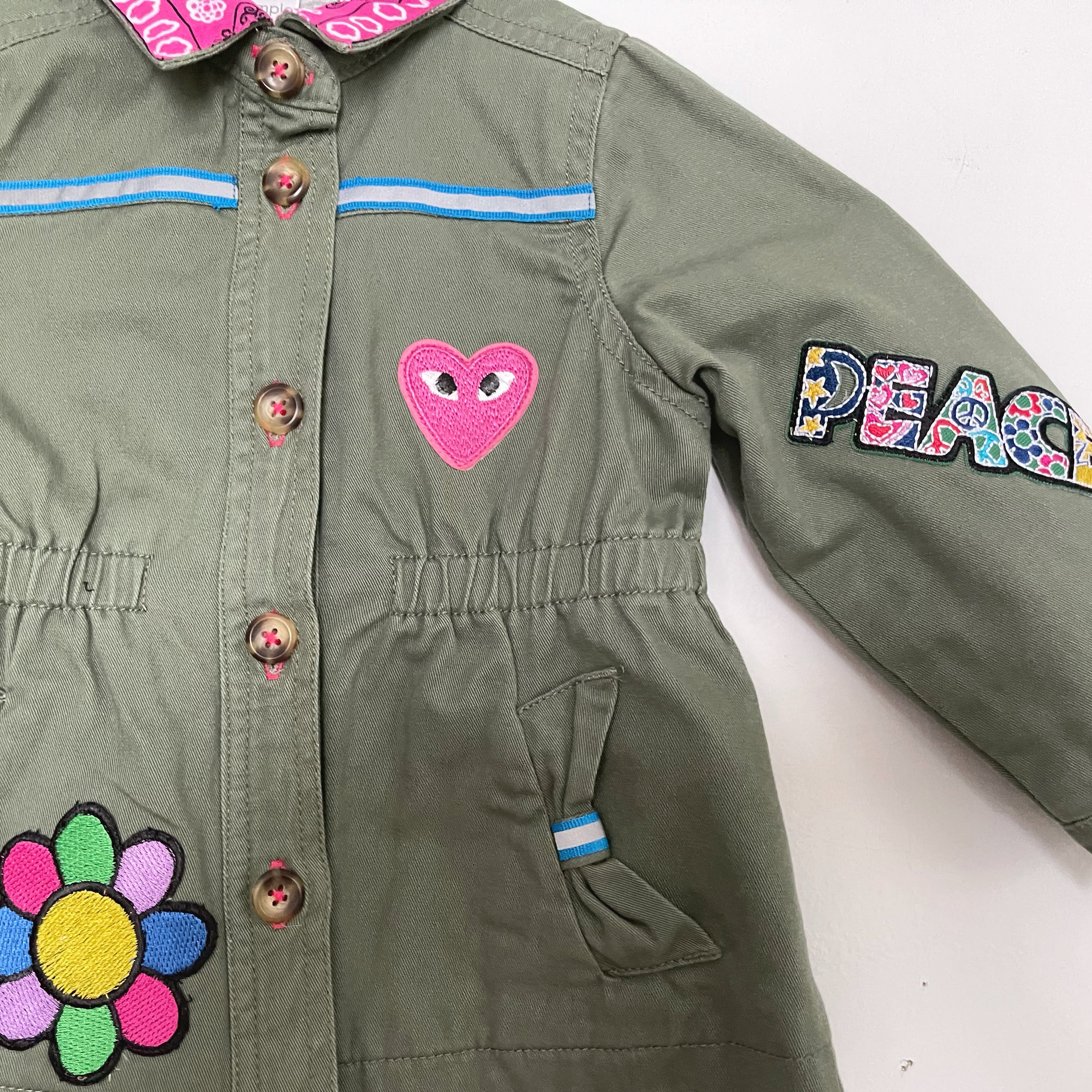 Peace Love and Happiness Army-Inspired Jacket w Colorful Patches and Emoji "LOVE" Patch, Size 18mo