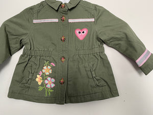 Hoot Hoot! Iridescent Sequin Owl Patched, Military-Inspired, Olive Green Jacket, Size 12MO