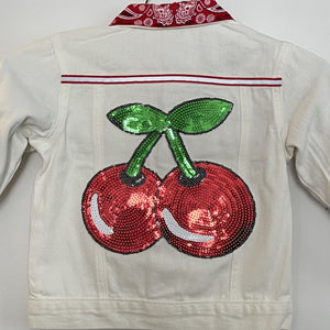 Cherry On Top, Big Red Sequin Cherry Hand Adorned White Denim Toddler Girl's Jacket Size 4T