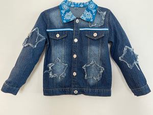 Star-Studded, Dark Denim, Worn-in, Raw-Edged Jacket with Cobalt Blue Accents