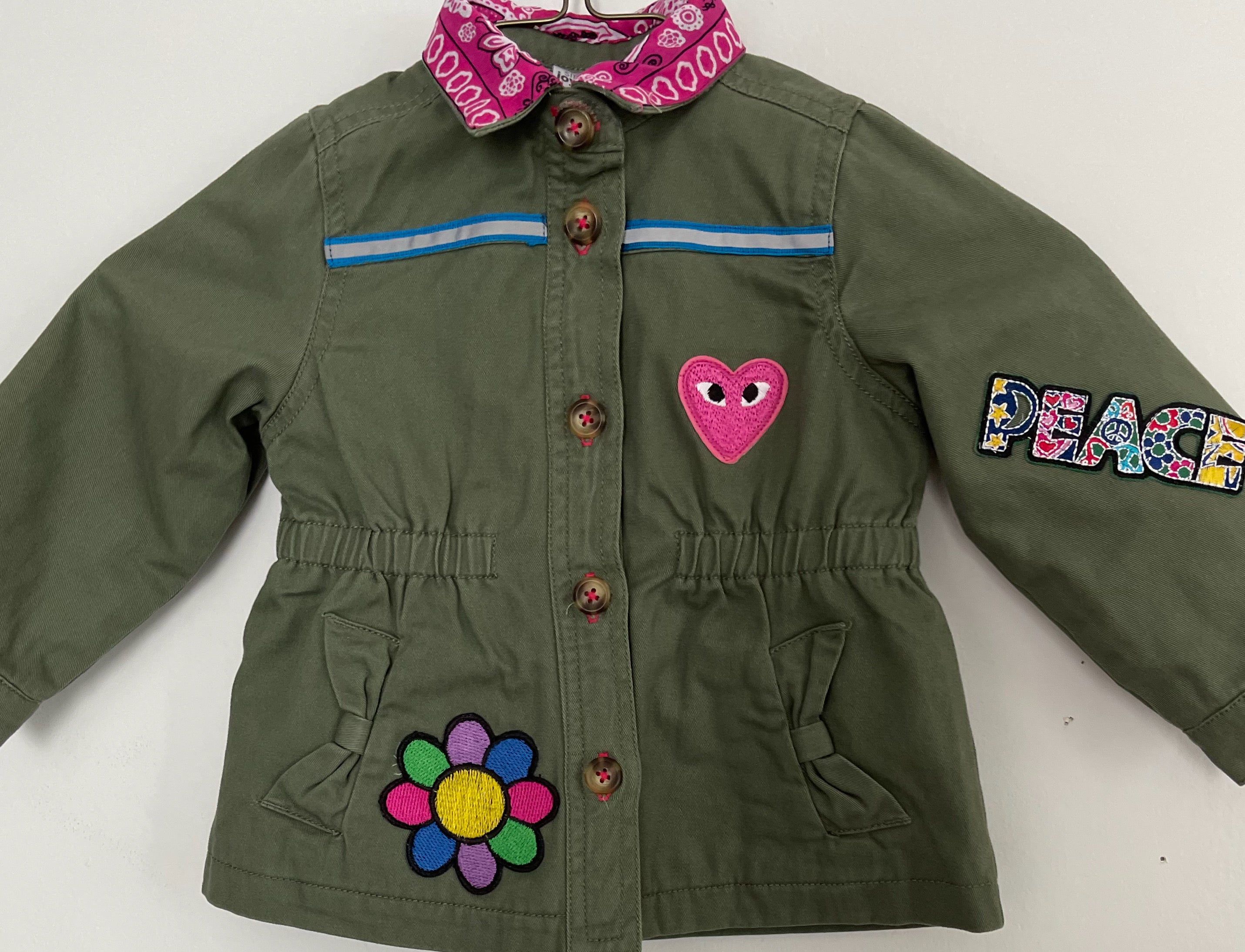 Peace Love and Happiness Army-Inspired Jacket w Colorful Patches and Emoji "LOVE" Patch on the Back, Size 18MO