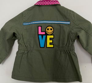 Peace Love and Happiness Army-Inspired Jacket w Colorful Patches and Emoji "LOVE" Patch on the Back, Size 18MO