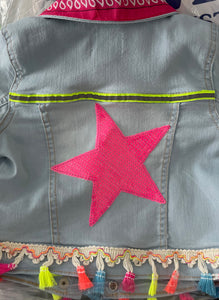 Ice Blue stretch Denim jacket with Neon Pink Star and Multi-Color Tassels