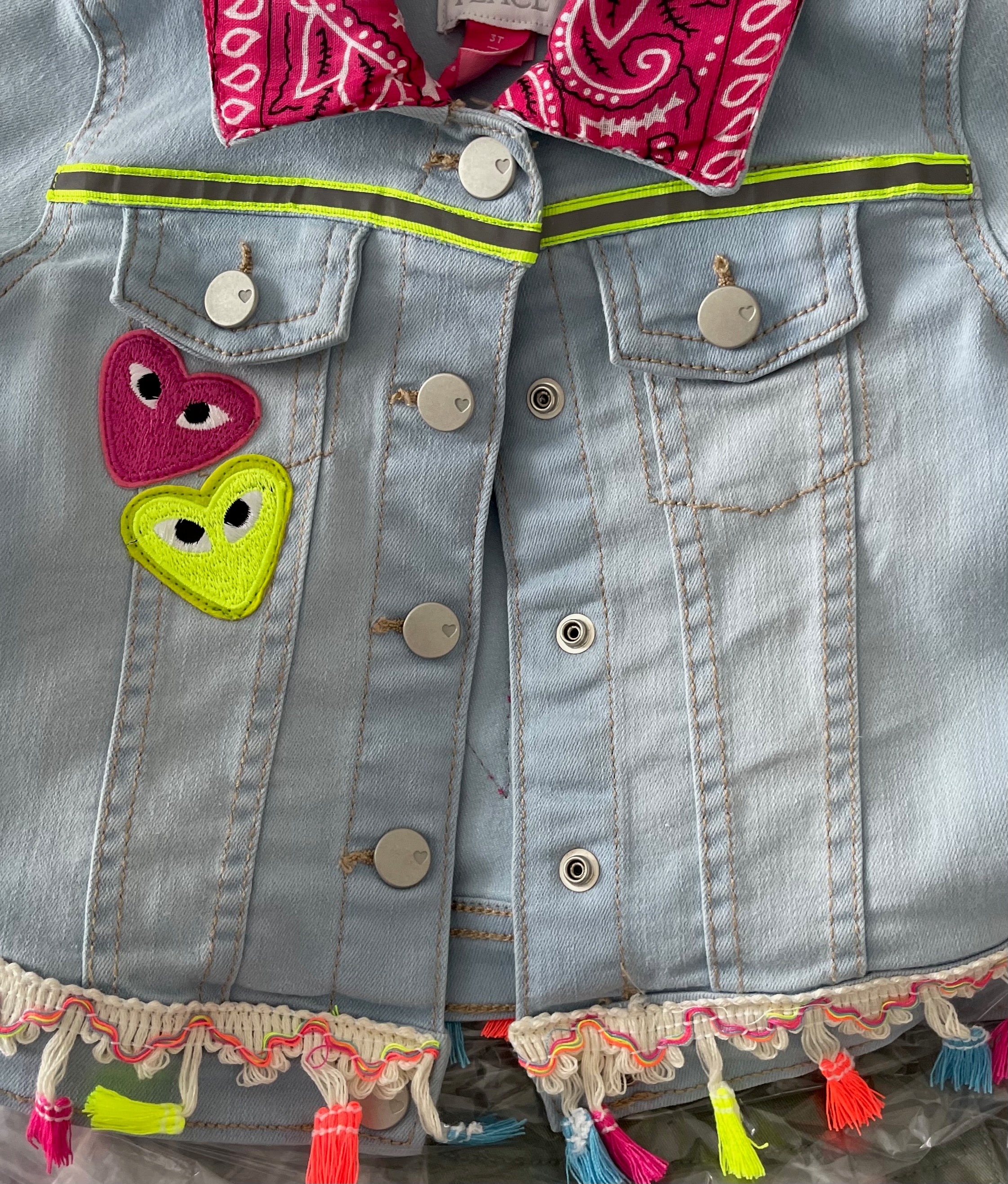 Ice Blue stretch Denim jacket with Neon Pink Star and Multi-Color Tassels