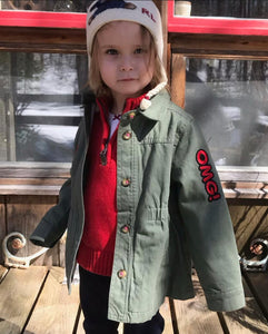 Military-Inspired Cotton Jacket with "OMG!" Patch and Hand-Painted Wood Buttons