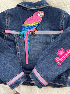 Polly Want a Jacket? One-of-a-Kind, Dark Denim Jacket w/ a Large Colorful Parrot Patch on the Back