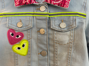 Ice Blue stretch Denim jacket with Neon Pink Star and Multi-Color Tassels