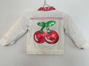 Cherry On Top, Big Red Sequin Cherry Hand Adorned White Denim Toddler Girl's Jacket Size 4T