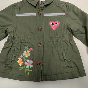 Hoot Hoot! Iridescent Sequin Owl Patched, Military-Inspired, Olive Green Jacket, Size 12MO