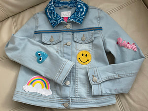 Ice Blue Stretch Denim jacket with Unicorn and Colorful Happy Patches