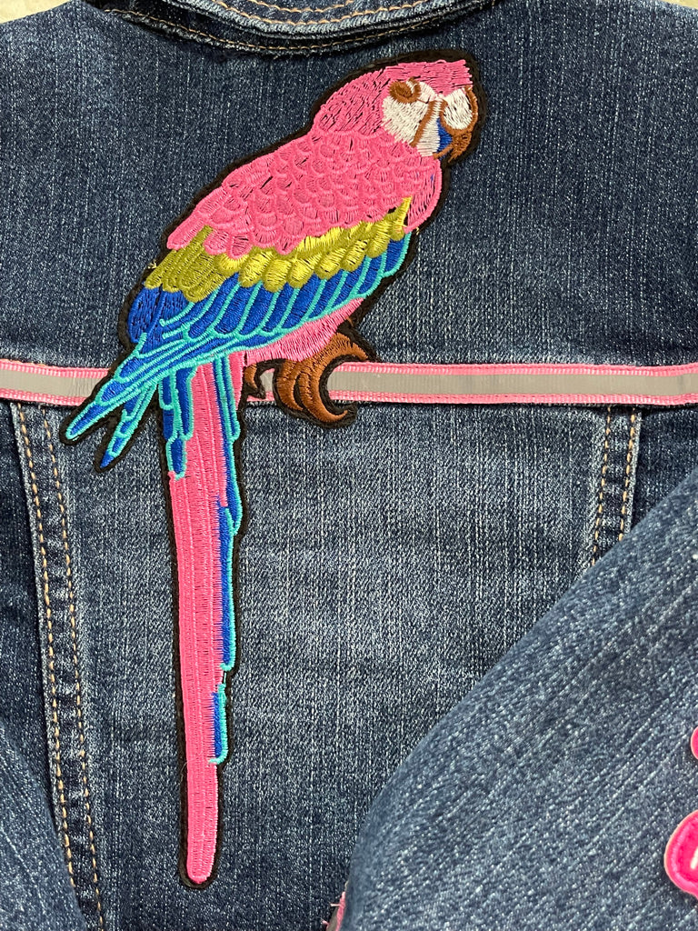 Polly Want a Jacket? One-of-a-Kind, Dark Denim Jacket w/ a Large Colorful Parrot Patch on the Back