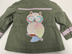 Hoot Hoot! Iridescent Sequin Owl Patched, Military-Inspired, Olive Green Jacket, Size 12MO