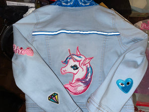 Ice Blue Stretch Denim jacket with Unicorn and Colorful Happy Patches