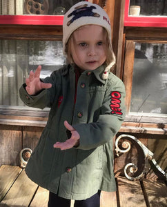 Military-Inspired Cotton Jacket with "OMG!" Patch and Hand-Painted Wood Buttons