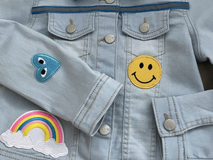 Ice Blue Stretch Denim jacket with Unicorn and Colorful Happy Patches