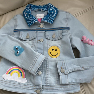 Ice Blue Stretch Denim jacket with Unicorn and Colorful Happy Patches