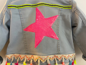 Ice Blue stretch Denim jacket with Neon Pink Star and Multi-Color Tassels