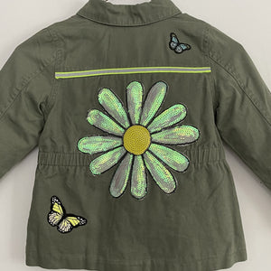 Flower Power and Butterflies, Military-Inspired Jacket with Large Iridescent Sequin Flower on Back