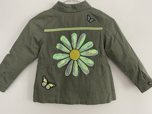 Flower Power and Butterflies, Military-Inspired Jacket with Large Iridescent Sequin Flower on Back