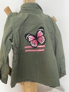 Large Pink Butterfly, Pink Bandana Collar and Pink Accents and Patched, Military-Inspired Jacket w