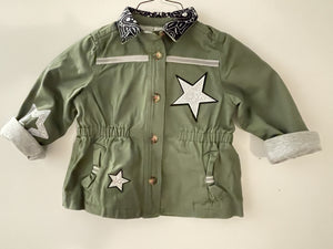 White Sequin Ribbon and Patches, Military-Inspired, Olive Green Jacket, Size 24 MO