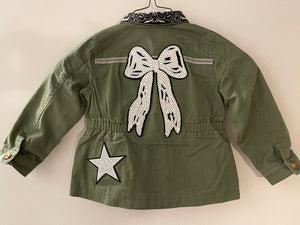 White Sequin Ribbon and Patches, Military-Inspired, Olive Green Jacket, Size 24 MO