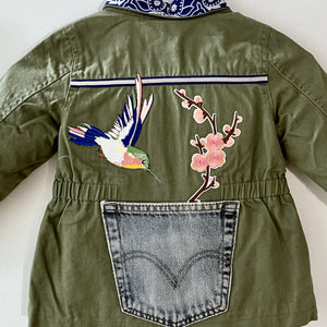 Hummingbird and Cherry Blossom Jacket with Denim Pockets, Military-Inspired, Hand-Embellished