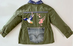 Hummingbird and Cherry Blossom Jacket with Denim Pockets, Military-Inspired, Hand-Embellished