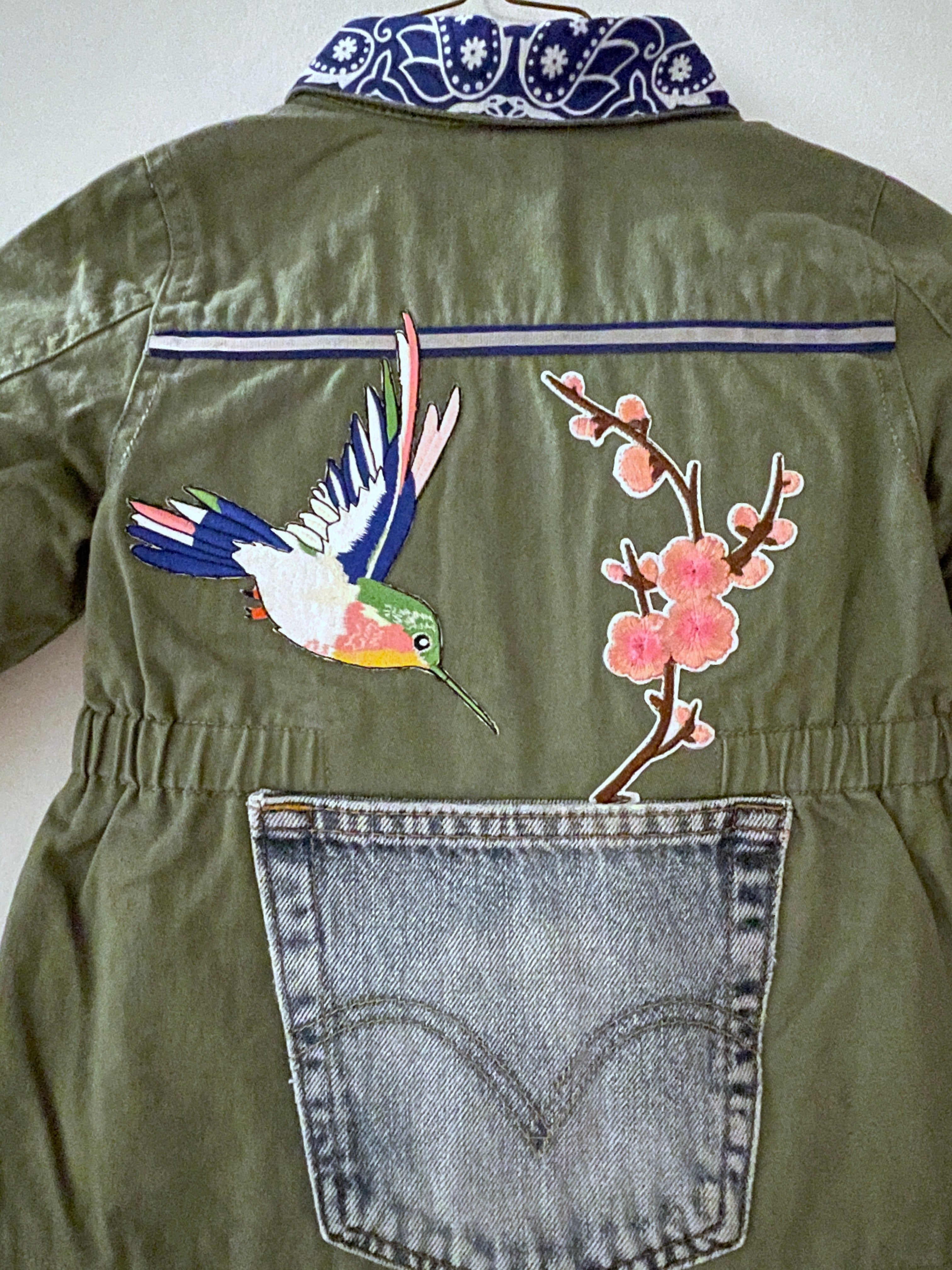 Hummingbird and Cherry Blossom Jacket with Denim Pockets, Military-Inspired, Hand-Embellished