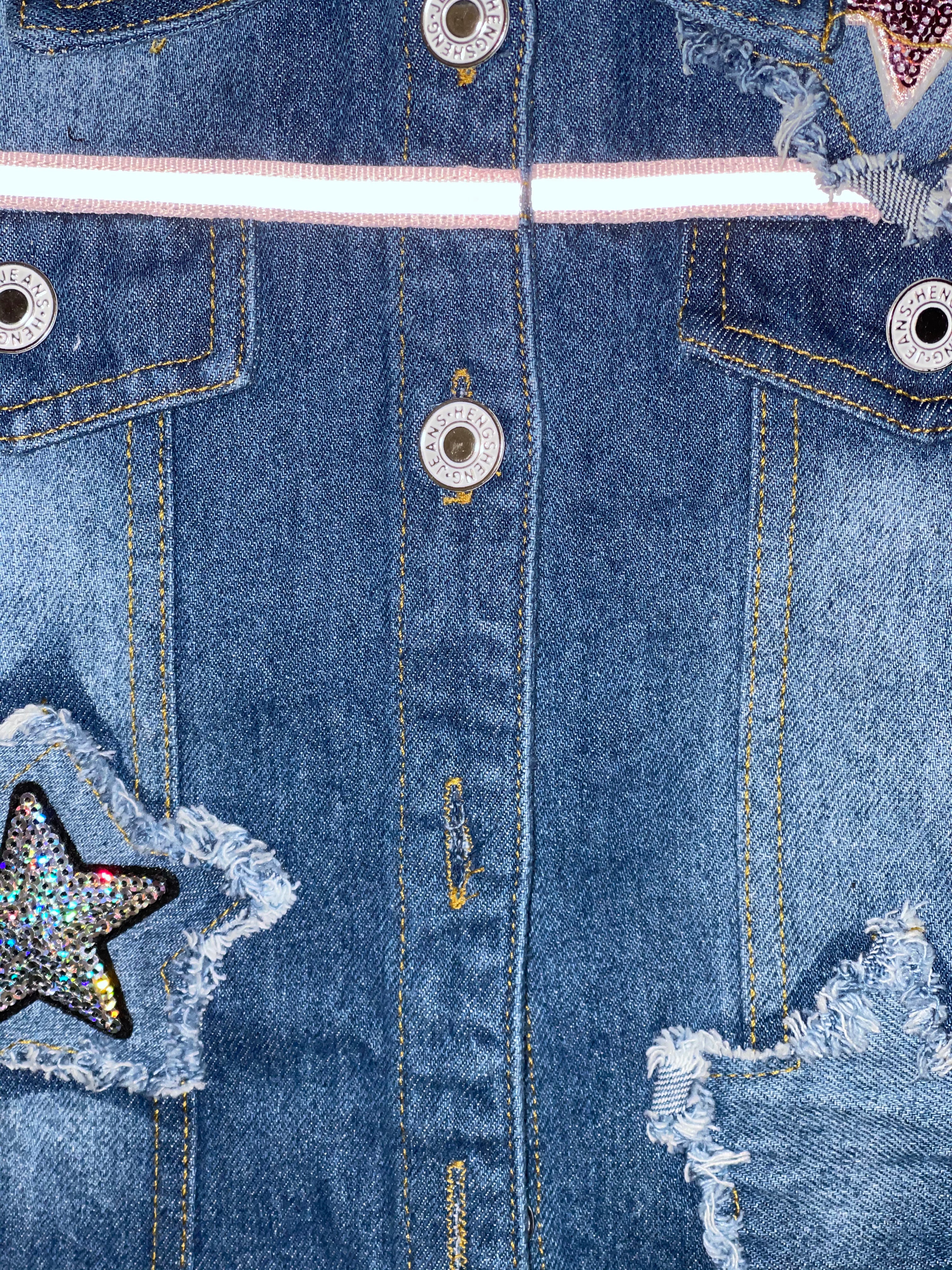 Size 4T - Dark Denim Raw-Edged Stars Jacket with Pink and Silver Sequin Star Patches.