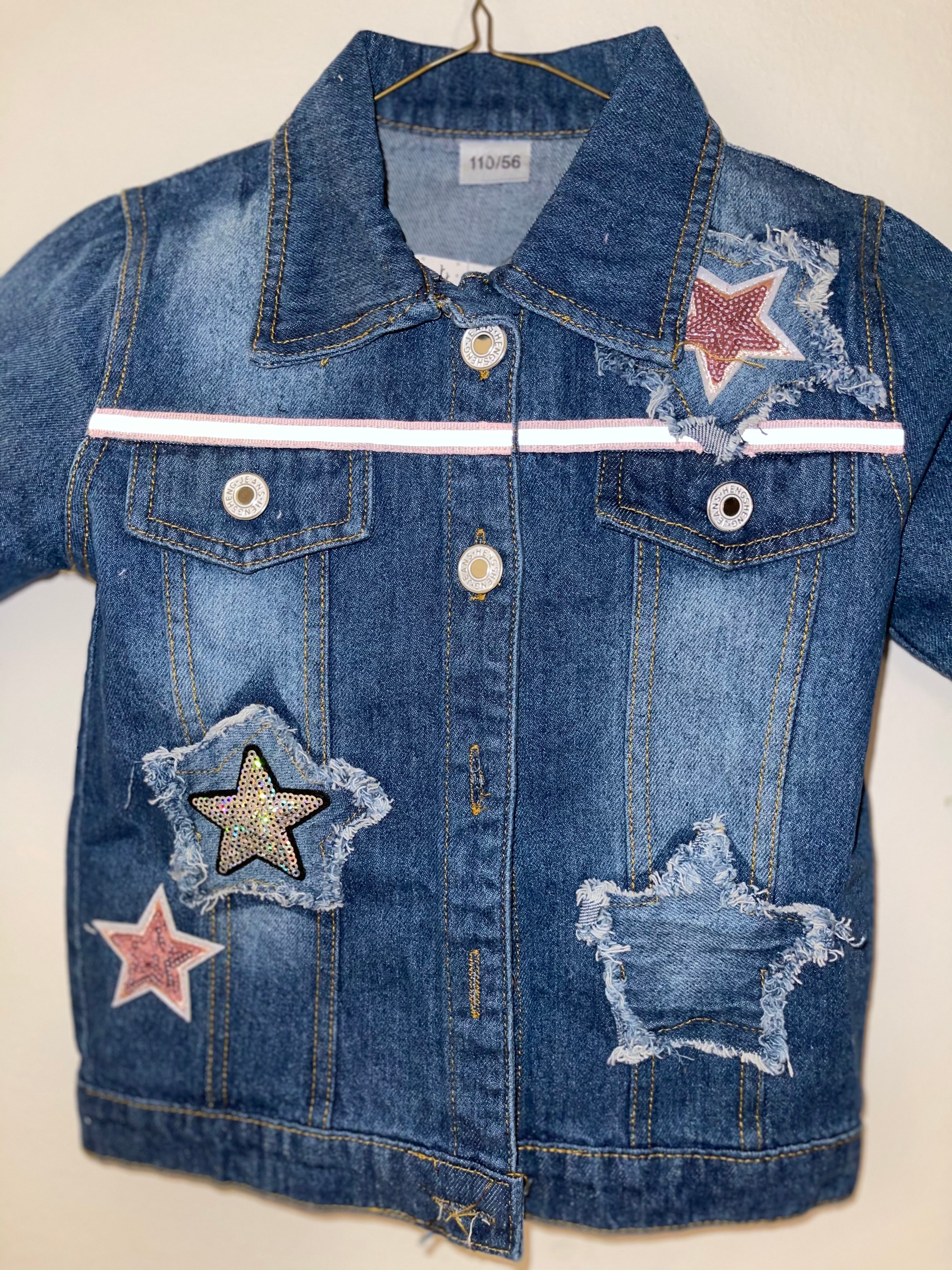 Size 4T - Dark Denim Raw-Edged Stars Jacket with Pink and Silver Sequin Star Patches.