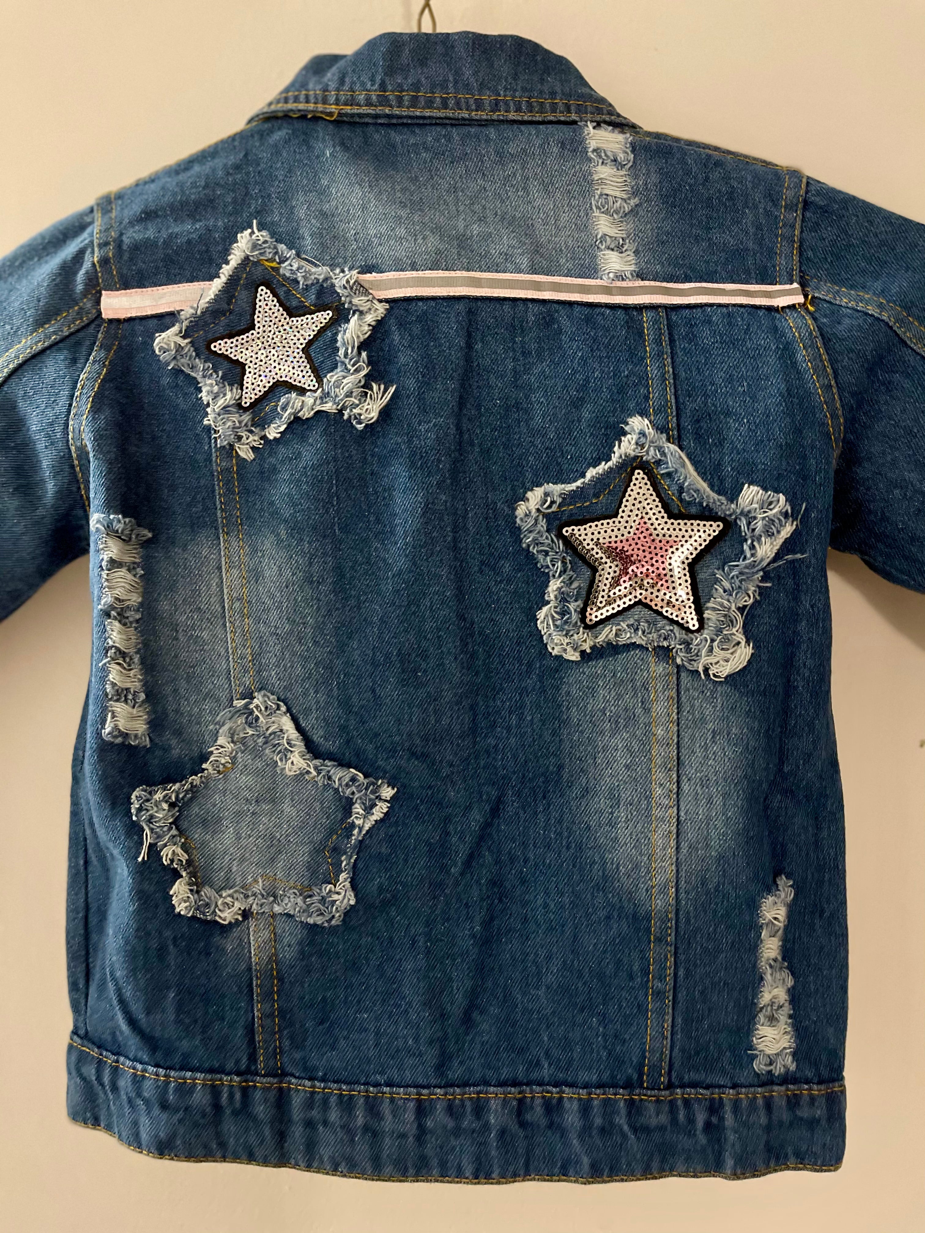 Size 4T - Dark Denim Raw-Edged Stars Jacket with Pink and Silver Sequin Star Patches.