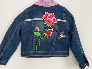 Rose patch with Hummingbird Patch, One-of-a-Kind, Dark Blue Denim Jacket, Size 4T