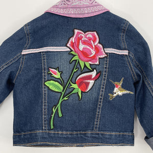 Rose patch with Hummingbird Patch, One-of-a-Kind, Dark Blue Denim Jacket, Size 4T