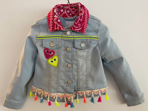 Ice Blue stretch Denim jacket with Neon Pink Star and Multi-Color Tassels