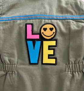 Peace Love and Happiness Army-Inspired Jacket w Colorful Patches and Emoji "LOVE" Patch, Size 18mo