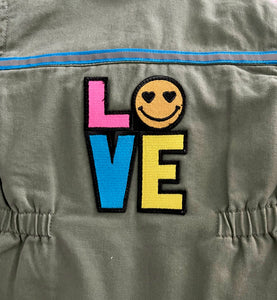 Peace Love and Happiness Army-Inspired Jacket w Colorful Patches and Emoji "LOVE" Patch on the Back, Size 18MO