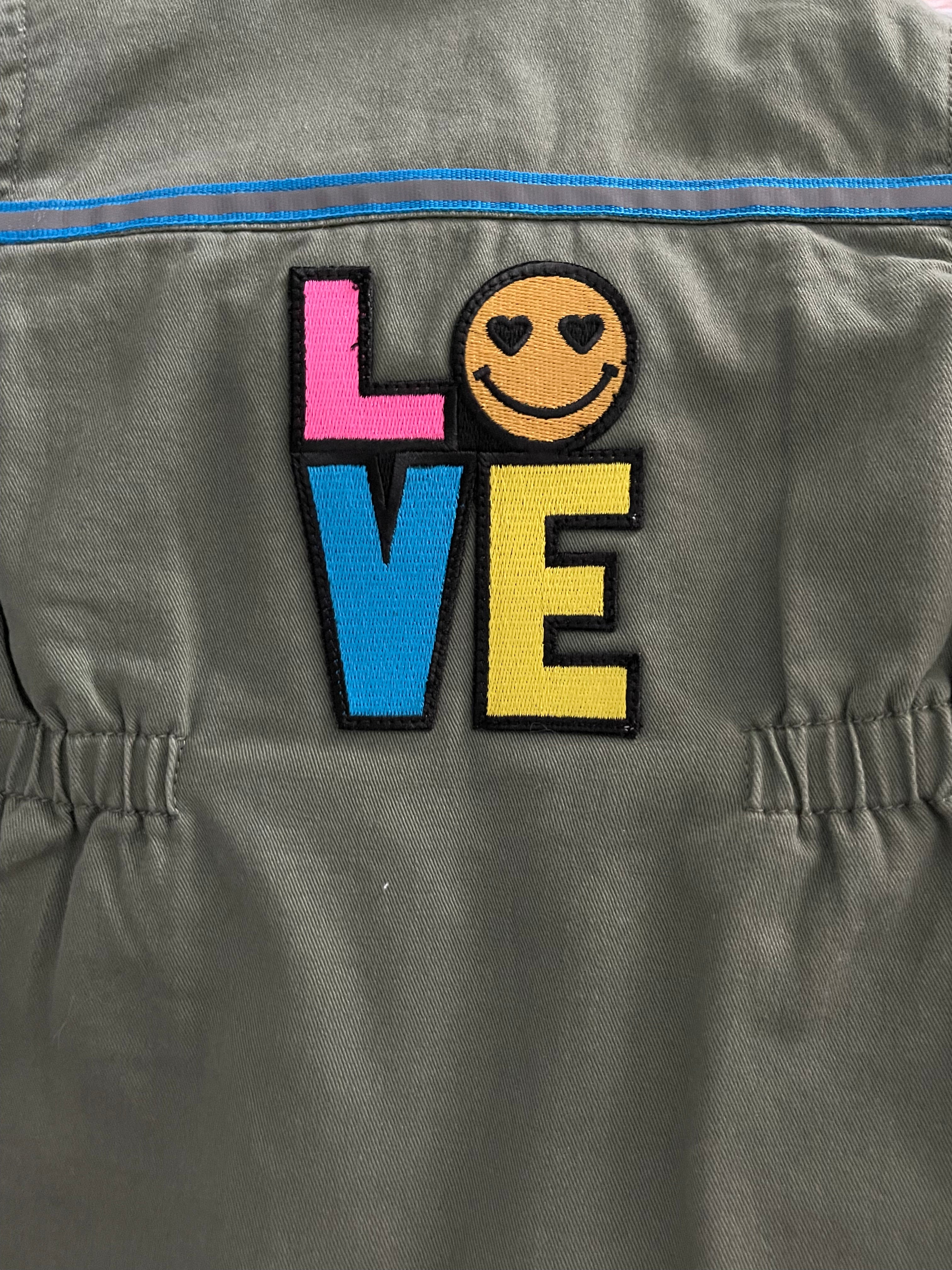 Peace Love and Happiness Army-Inspired Jacket w Colorful Patches and Emoji "LOVE" Patch, Size 18mo